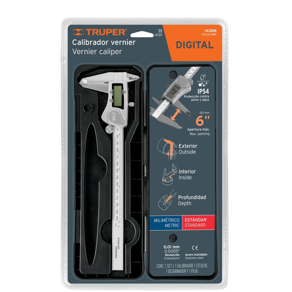Calibrador vernier digital 6' acero inox, std y mm, Truper